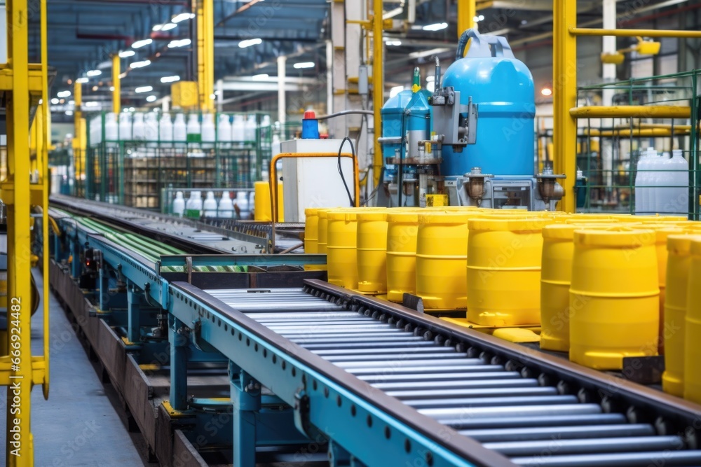 conveyor system carrying chemical containers conveyor system carrying chemical containers