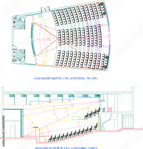 vector illustration of a detailed sketch of the interior plan and section of the auditorium hall of a modern performance building