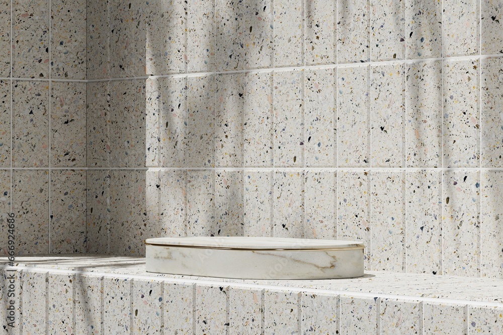 White marble platform with white top on Terrazzo tiles in a sunny bathroom. 3D rendering White marble platform with white top on Terrazzo tiles in a sunny bathroom. 3D rendering