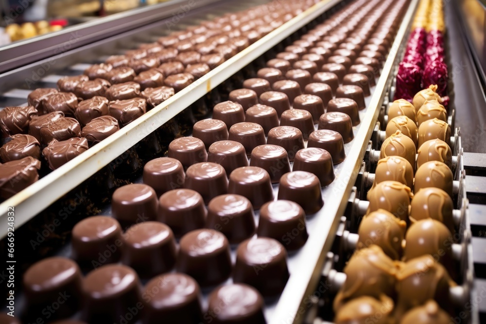 overhead view of conveyor belt moving decorated chocolates overhead view of conveyor belt moving decorated chocolates