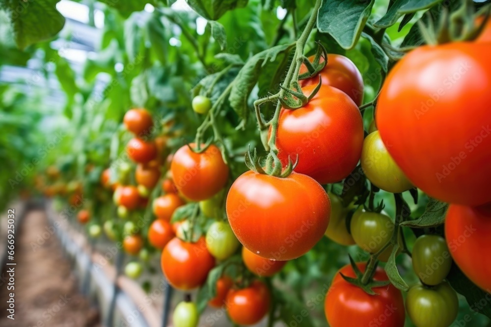 close-up of juicy tomatoes on the vine in a greenhouse