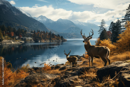 Majestic Deer Grazing by a Serene Lake in the Mountainous Wilderness. Lone deer in mountain landscape with antlers. (ID: 666925007)