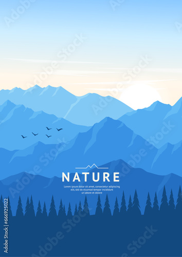 Mountain ranges and rocks. Coniferous forest. Foggy landscape in blue tones. Tourism concept. Design for banner, background, web page, cover, brochure. Vector illustration.