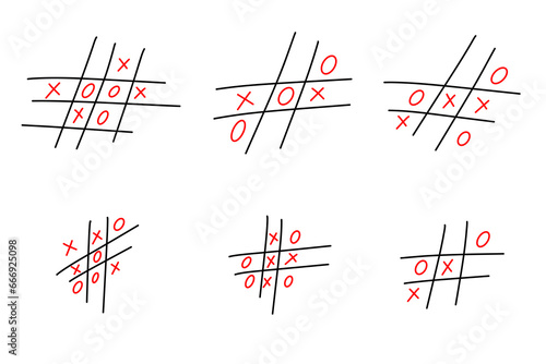 Hand drawn Tic tac toe. Sketch tic tac toe kids game set. X-O children game set. Win in tictactoe. Vector doodle illustration isolated on white background.