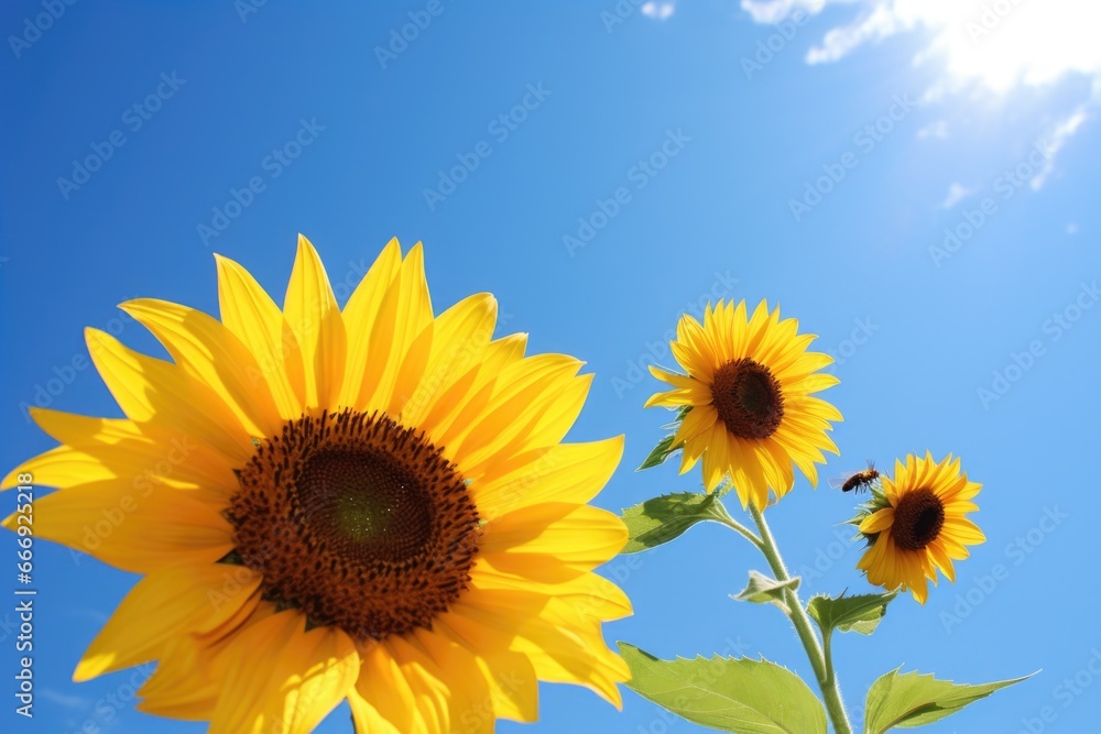 trio of bees hovering over a sunflower