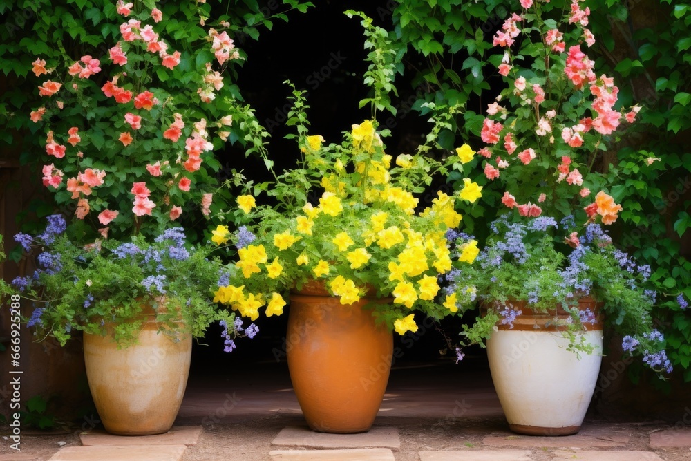 three pots of flowering plants, entwined by vines