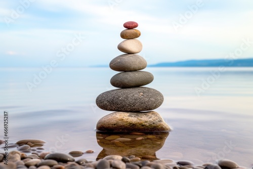 three rocks balancing in a stack by a seashore