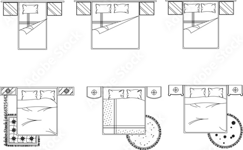 vector illustration of a detailed sketch of the interior of a bedroom with a top view of the mattress