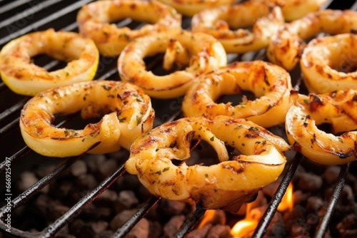 calamari rings sizzling on a grill grate