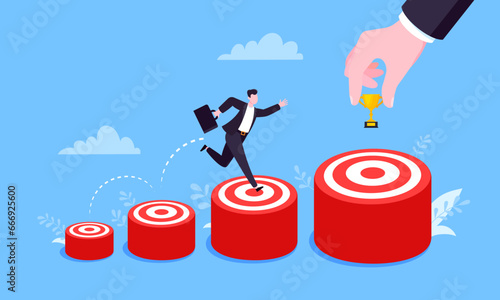 Businessman runs and jumps from small target goal to reach bigger target goal achievement flat style design vector illustration. Career growth and ladder of success path objective business concept.