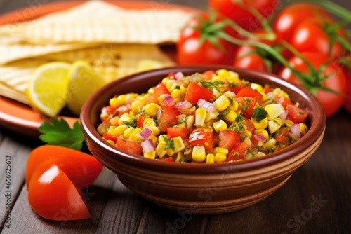 grilled corn on the cob served with tangy tomato salsa in a bowl