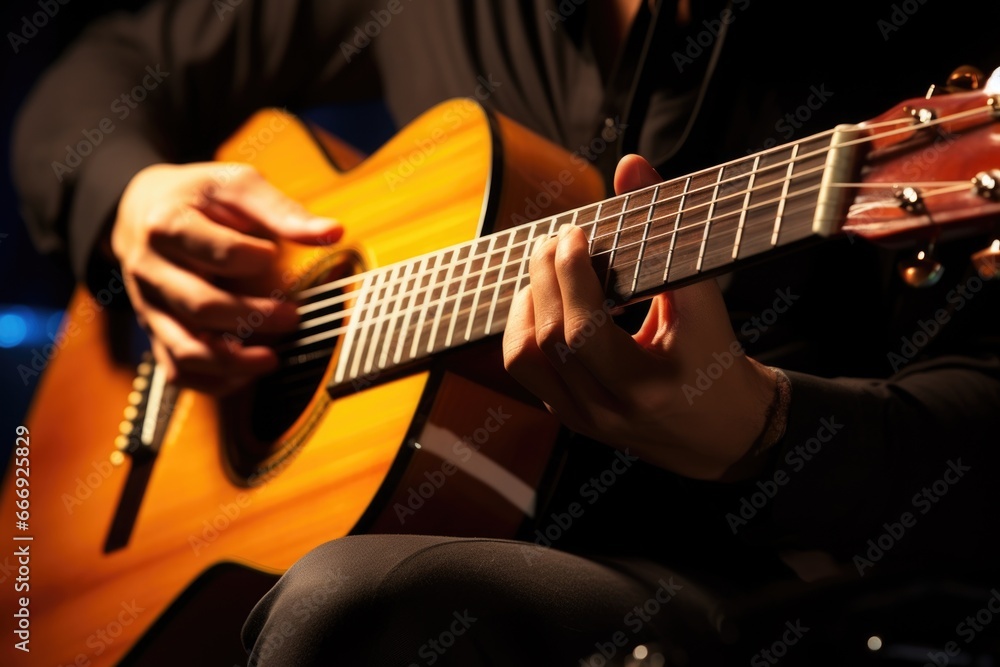 Fototapeta premium strings of a guitar being strummed, mid-movement
