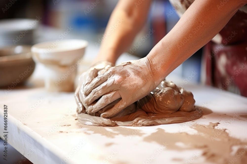 a close-up of gloved hands molding clay
