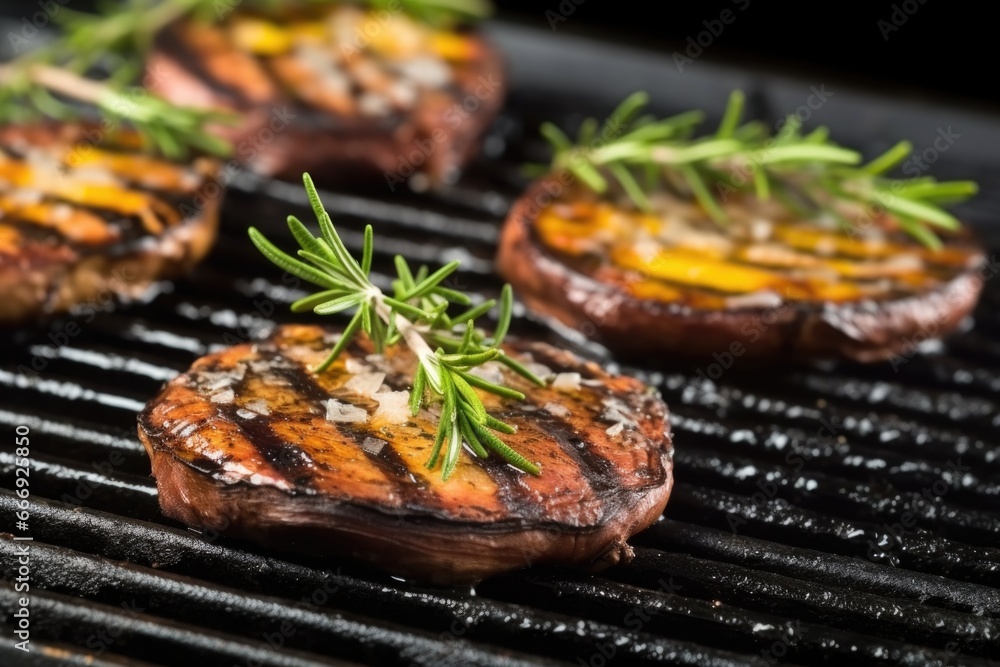 close-up of grilled portobellos with fresh thyme on a black slate