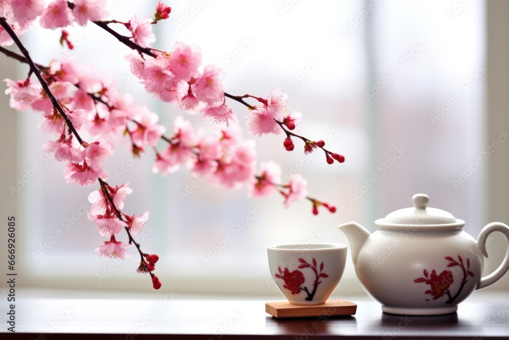 a ceramic teapot filled with vibrant cherry blossoms