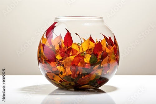 autumn leaves arranged in a glass terrarium