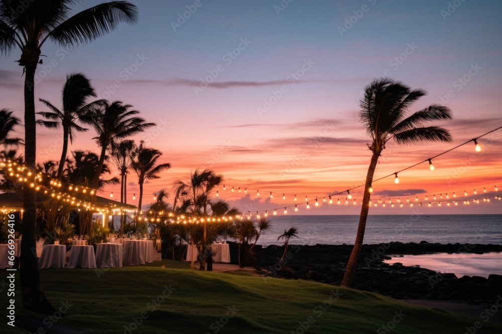 Obraz premium sunset view of wedding venue near ocean with string lights