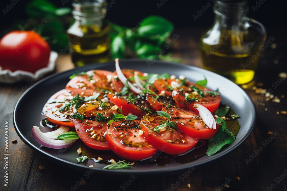 healthy tomato salad with onion basil olive oil and balsamic vinegar, aesthetic look healthy tomato salad with onion basil olive oil and balsamic vinegar, aesthetic look