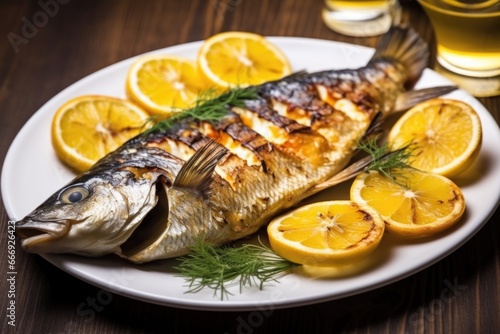 close-up of whole grilled sea bass with lemon slices