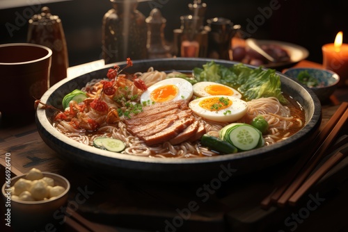 bowl of rich Japanese ramen with pork belly, noodles, and a variety of toppings