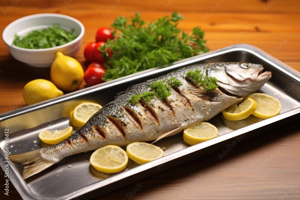grilled sea bass on a stainless steel serving tray grilled sea bass on a stainless steel serving tray