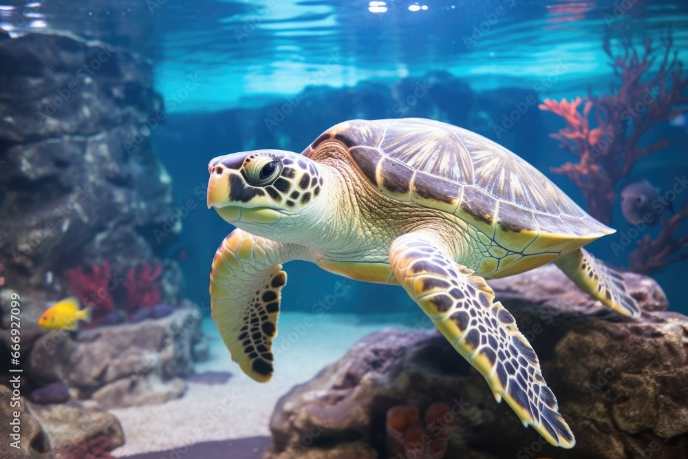 Fototapeta premium sea turtle swimming in decorated water tank