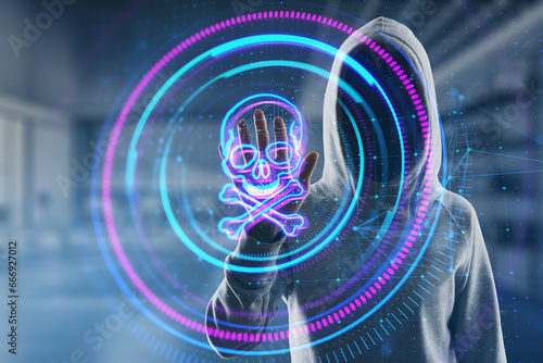 Fototapeta Naklejka Na Ścianę i Meble -  Hacker in hoodie using creative digital round skull hologram on blurry office interior background. Hacking, piracy and malware concept. Double exposure.