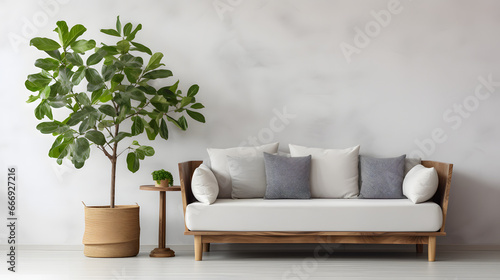 Wooden rustic sofa with white cushions and potted tree against wall with copy space. Scandinavian interior design of modern stylish living room