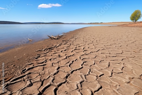 lakeside with drying water levels and cracked soil