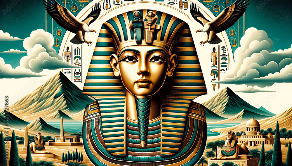 A landscape depiction showcasing King Tut in his iconic golden death ...