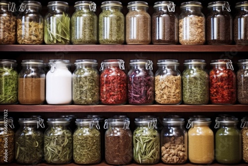 a shelf full of various dried herbs in glass jars