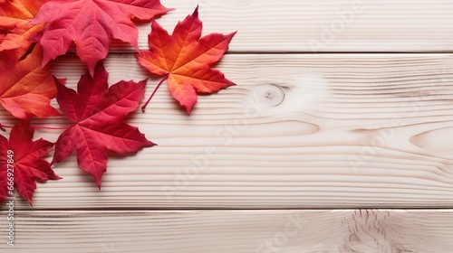 Autumn Background  A Top View of Vibrant Red Leaves on a Wooden Background - Creating a Seasonal Canvas with Copy Space for Autumnal Creativity  Fall Background 