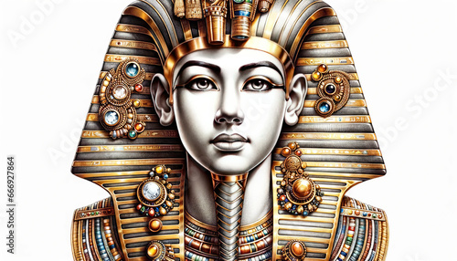 A detailed drawing of King Tut, emphasizing his youthful visage, golden mask, and intricately decorated attire. 