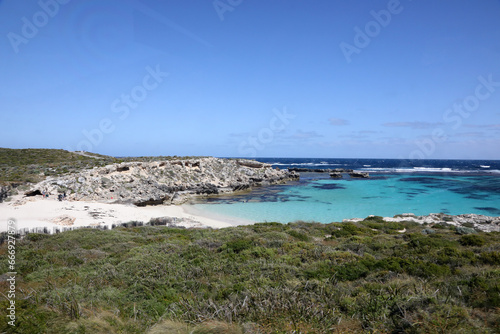 Beautiful coastal image of Rottnest Island off the West Australian coast.  Showing clear water  waves  limestone rocks and vegetation