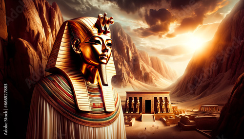 A historical portrait capturing the mystery and wonder of King Tut's reign, with subtle depictions of treasures from his tomb in the background. 