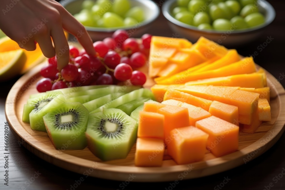 dicing a ripe melon onto a plate with assorted fruits dicing a ripe melon onto a plate with assorted fruits