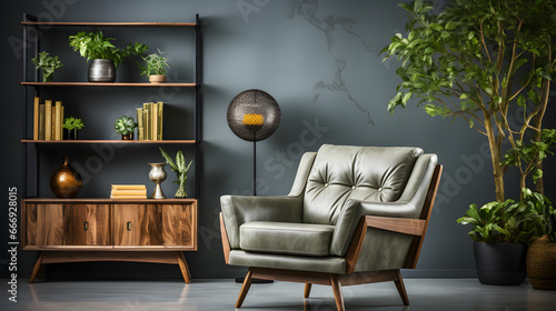 Wooden shelf unit and gray armchair. Scandinavian style interior design of modern living room © Samira