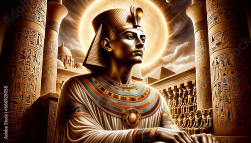 Historical portrait of Pharaoh Akhenaten in a contemplative pose, with the sun disc of Aten shining brightly above him. His attire is richly decorated with symbols of the sun god, and his countenance 