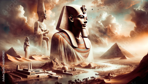 Artistic representation of Akhenaten, set against the backdrop of the desert and the Nile River. He stands tall, a figure of change and religious transformation, with the city of Akhetaten in the dist photo