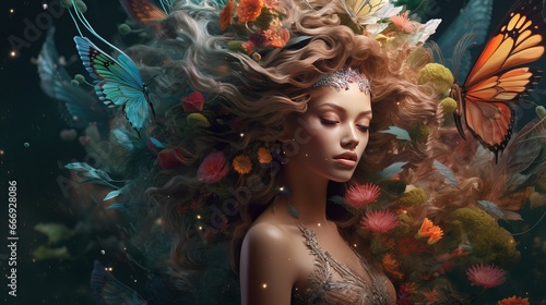 Daydream lady ruler ruddy hair runs strolls comes to enchantment light, pixie harvest time woodland. Young lady goddess, long illustrious vhite vintage dress long prepare. Summer green tree