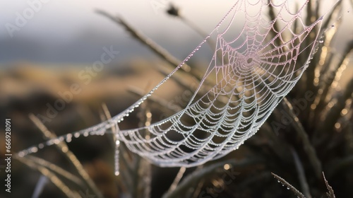 Hyperzoom shot of a spiderweb covered in morning dew photo