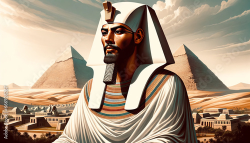 A landscape depiction showcasing Khufu in traditional royal attire  with the iconic Great Pyramid of Giza in the background