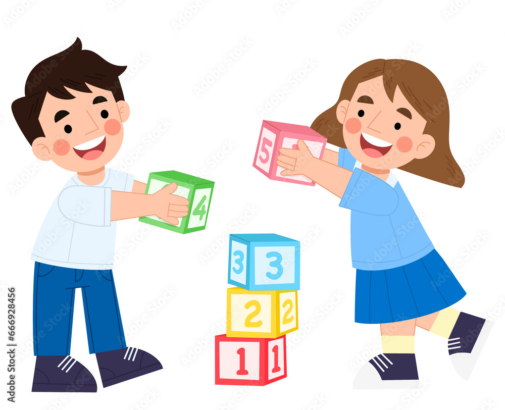 Boy and girl playing with number blocks cartoon illustration Boy and girl playing with number blocks cartoon illustration