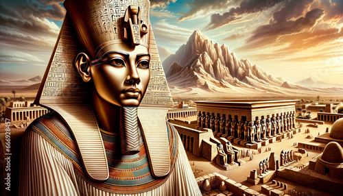 A landscape depiction showcasing Seti I in his royal attire, with the Temple of Seti in Abydos prominently featured in the background photo