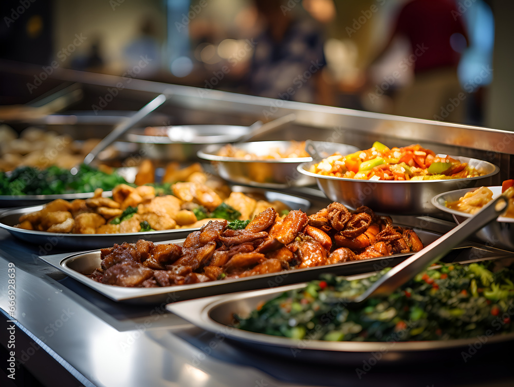 Delicious fresh cooked asian food at a buffet, blurred background
