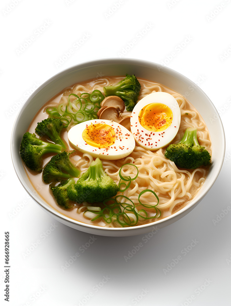 Vegetarian ramen soup with broccoli and egg, on white background Vegetarian ramen soup with broccoli and egg, on white background