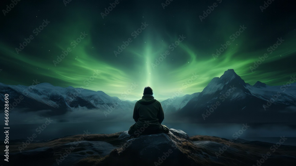 AI generated illustration of a person sitting on a rock, looking at the Northern lights