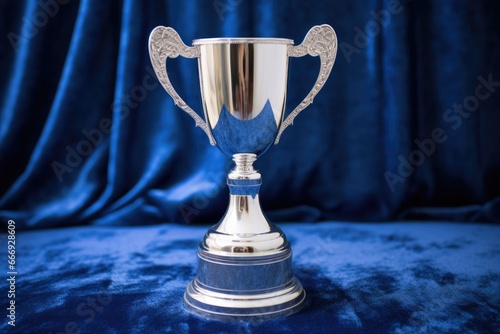 up-close view of a silver trophy on a blue velvet