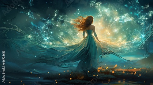 Fairy-tale princess in light summer blue turquoise dress on wide way and strolls towards wind, agile moving young lady in picture of bloom with flying long fix of dress, sprite of shinning