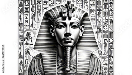 Detailed drawing of Amenhotep III, capturing his regal visage adorned with traditional pharaonic jewelry. He wears the Nemes headdress with the iconic uraeus cobra. Surrounding him are hieroglyphic in